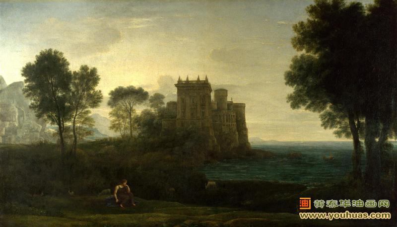 宫殿外风景，普赛克在丘比特的宫殿外_洛兰作品油画欣赏