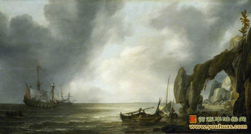 海岸附近景色，在崎岖海岸附近的荷兰士兵_弗利格油画作品欣赏