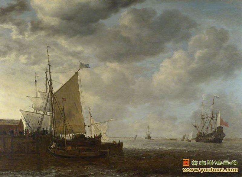 荷兰船只停泊在码头，一艘荷兰军舰停泊在河口_弗利格油画作品欣赏