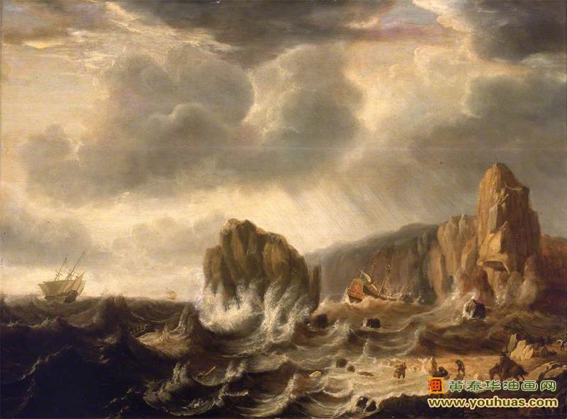 一艘在多岩石的海岸上撞毁的船_弗利格油画作品欣赏