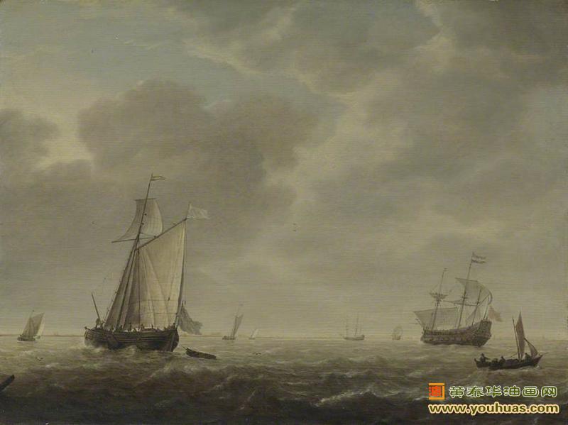战舰和各种船只，一艘荷兰战舰和各种船只在微风中穿梭_弗利格油画作品欣赏
