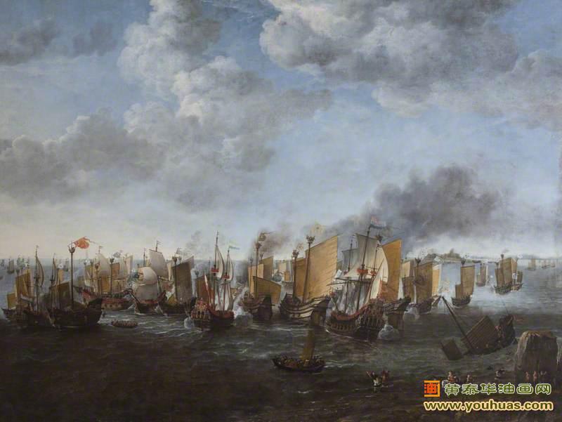 军舰之间的战斗，荷兰船只和中国帆船之间的一场战斗_弗利格油画作品欣赏