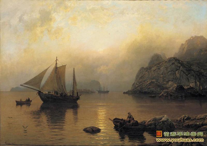 日出前海岸风景，渔民在日出前出海打渔情景_古德油画作品