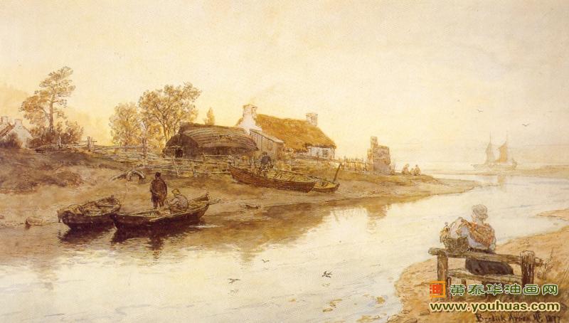 渡河，在河岸边等待船夫的小船过河_古德油画作品