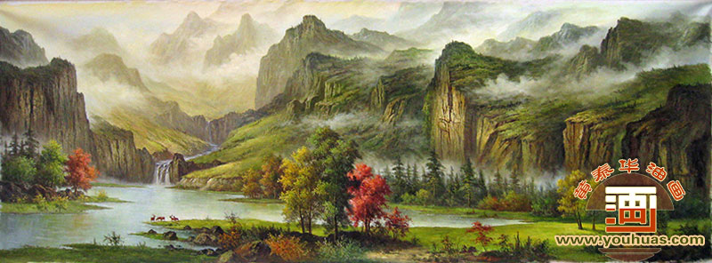 古典风格山水画 大靠山风景高山流水油画风景画