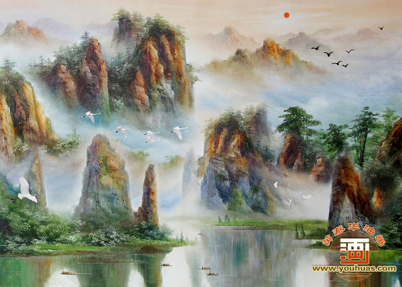 山水画 高山流水油画风景画