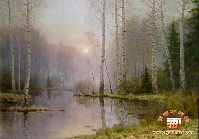 桦树林间的清晨_俄罗斯油画风景