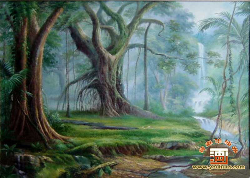 森林阳光风景油画,美术绘画