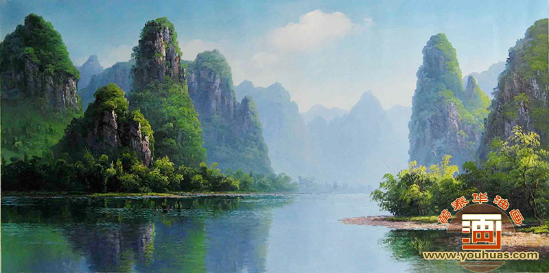 宁静的桂林风景画_桂林山水油画