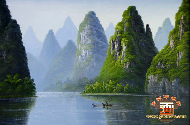 一个渔民在漓江打渔_桂林山水油画