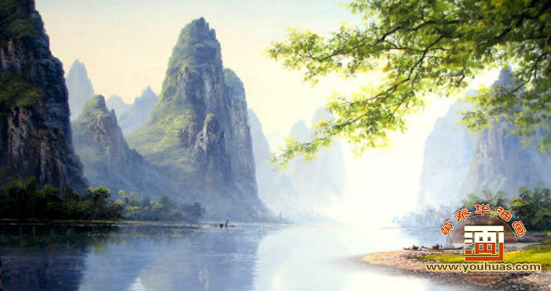 早上的漓江-桂林山水油画