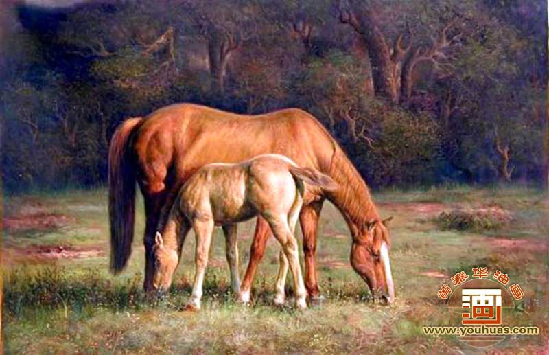 母子马匹图吃草动物油画