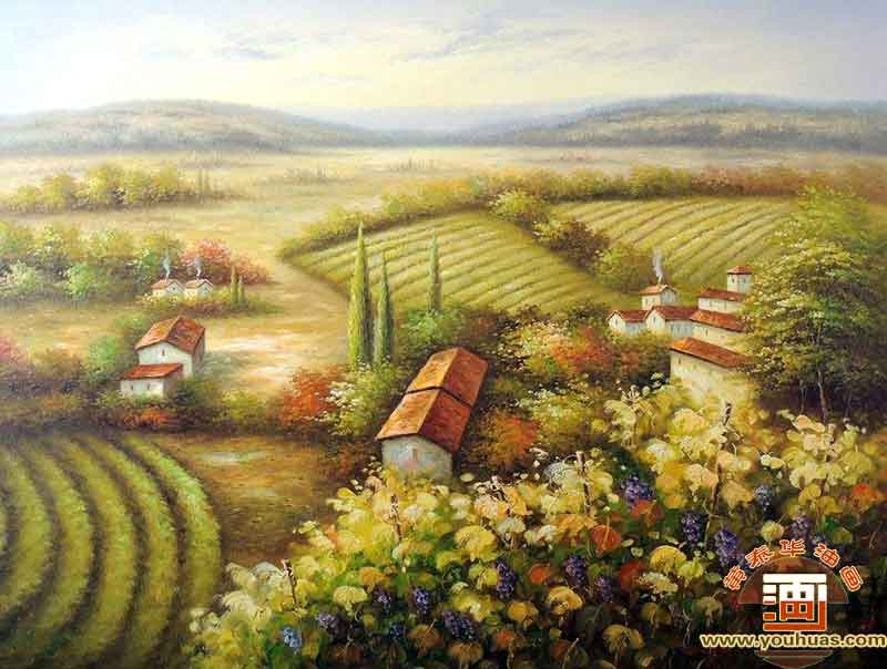 意大利托斯卡纳地区山谷村庄葡萄园风景油画作品创作