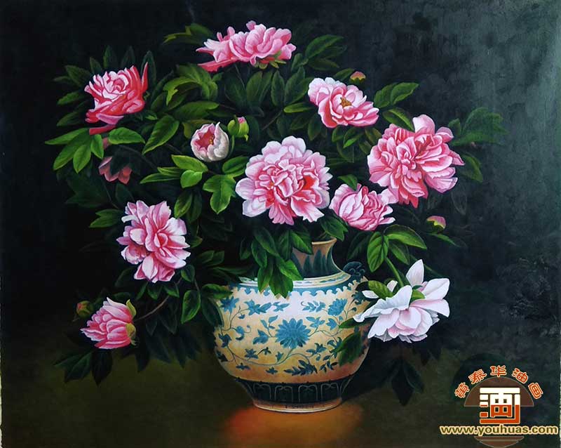 牡丹花与青花瓷花瓶写实风格作品创作_餐厅油画