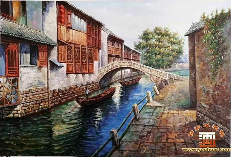 江南水乡，中国著名江南水乡古镇风景油画作品